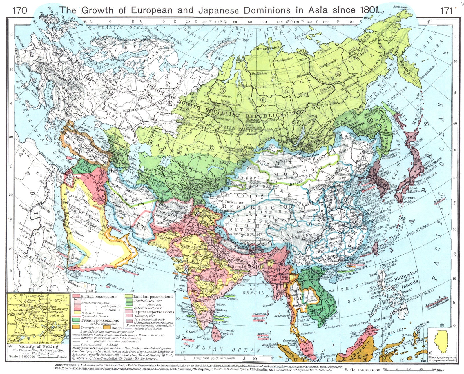 ASIA. Growth of European & Japanese Dominions in from 1801; Beijing 1956 map